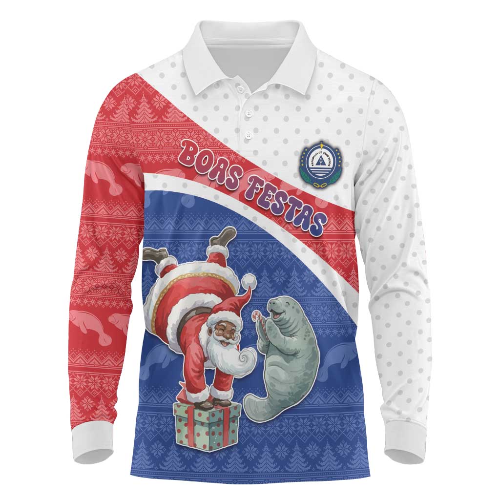 Personalized Cape Verde Christmas Long Sleeve Polo Shirt Black Santa Clause With The Manatee - African Pride