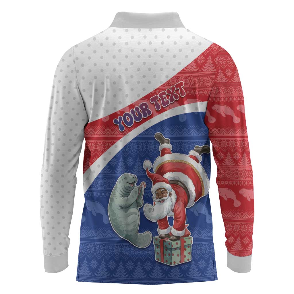 Personalized Cape Verde Christmas Long Sleeve Polo Shirt Black Santa Clause With The Manatee - African Pride