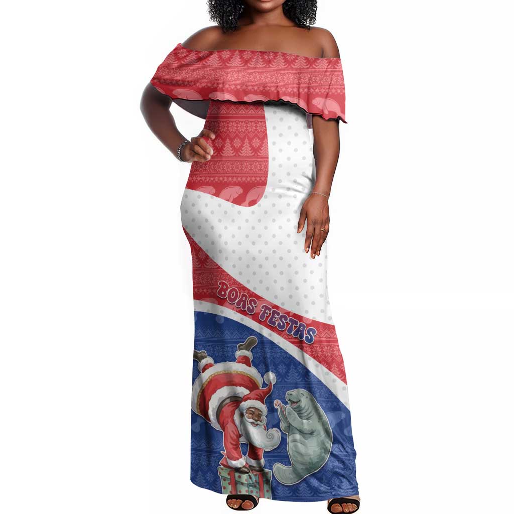 Personalized Cape Verde Christmas Off Shoulder Maxi Dress Black Santa Clause With The Manatee - African Pride