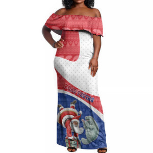 Personalized Cape Verde Christmas Off Shoulder Maxi Dress Black Santa Clause With The Manatee - African Pride