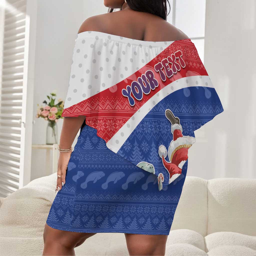 Personalized Cape Verde Christmas Off Shoulder Short Dress Black Santa Clause With The Manatee - African Pride