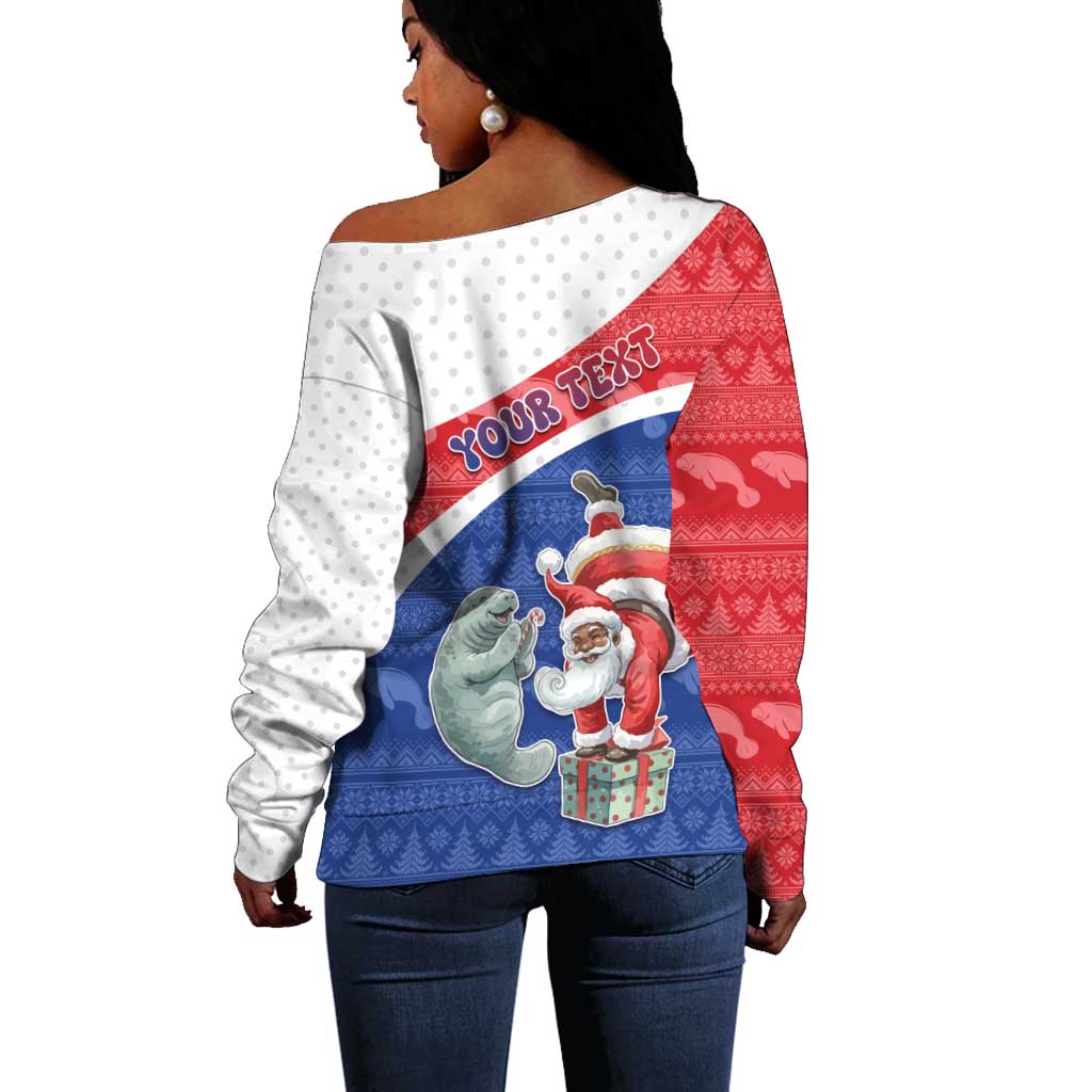 Personalized Cape Verde Christmas Off Shoulder Sweater Black Santa Clause With The Manatee - African Pride