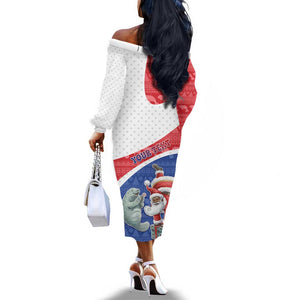 Personalized Cape Verde Christmas Off The Shoulder Long Sleeve Dress Black Santa Clause With The Manatee - African Pride