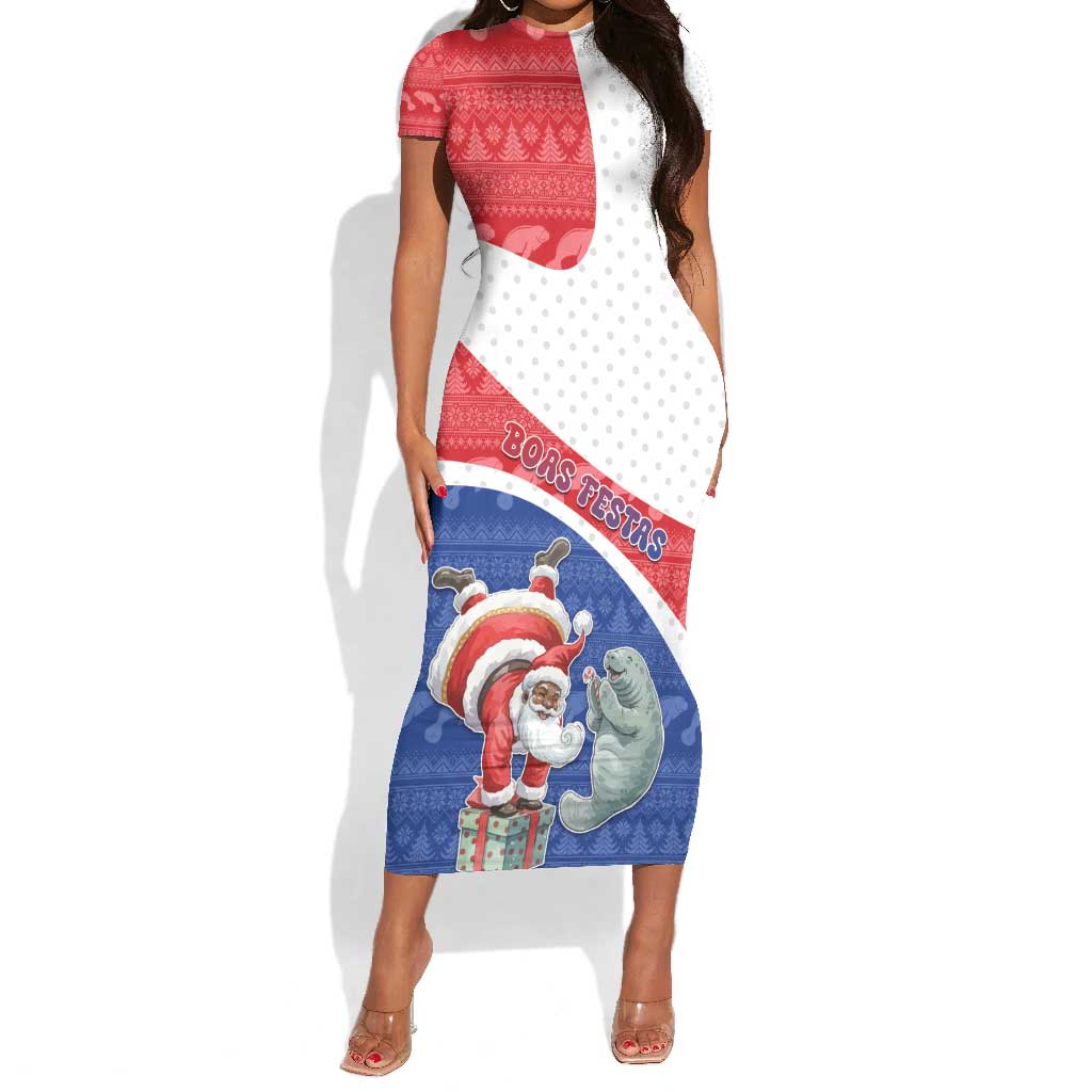 Personalized Cape Verde Christmas Short Sleeve Bodycon Dress Black Santa Clause With The Manatee - African Pride