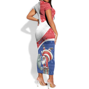 Personalized Cape Verde Christmas Short Sleeve Bodycon Dress Black Santa Clause With The Manatee - African Pride