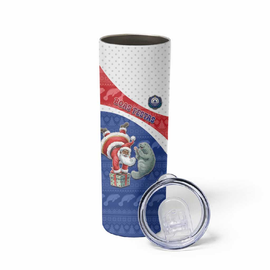 Personalized Cape Verde Christmas Skinny Tumbler Black Santa Clause With The Manatee - African Pride