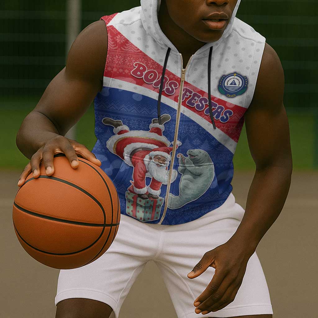 Personalized Cape Verde Christmas Sleeveless Zip Hoodie Black Santa Clause With The Manatee - African Pride