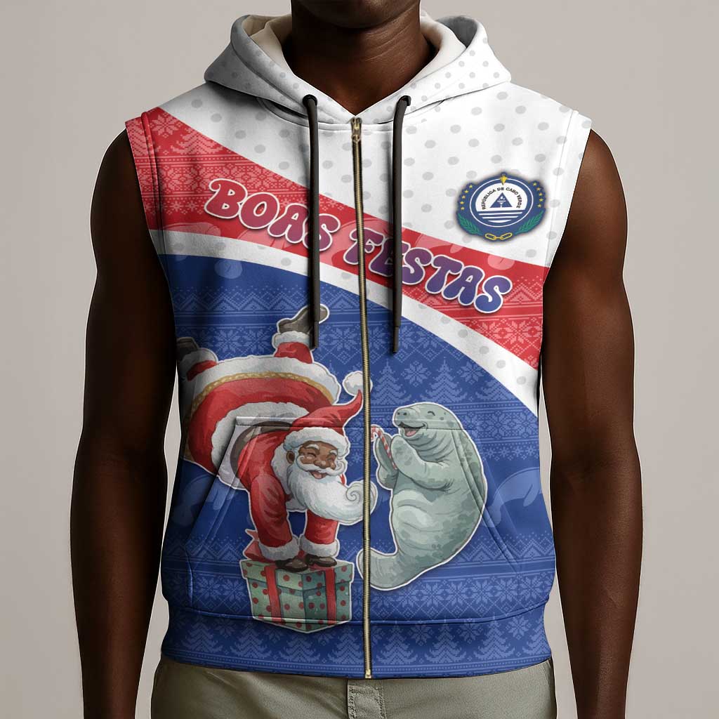 Personalized Cape Verde Christmas Sleeveless Zip Hoodie Black Santa Clause With The Manatee - African Pride
