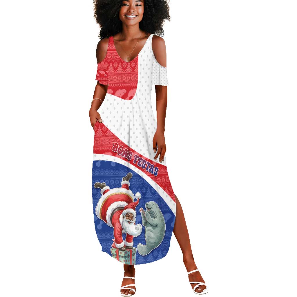 Personalized Cape Verde Christmas Summer Maxi Dress Black Santa Clause With The Manatee - African Pride