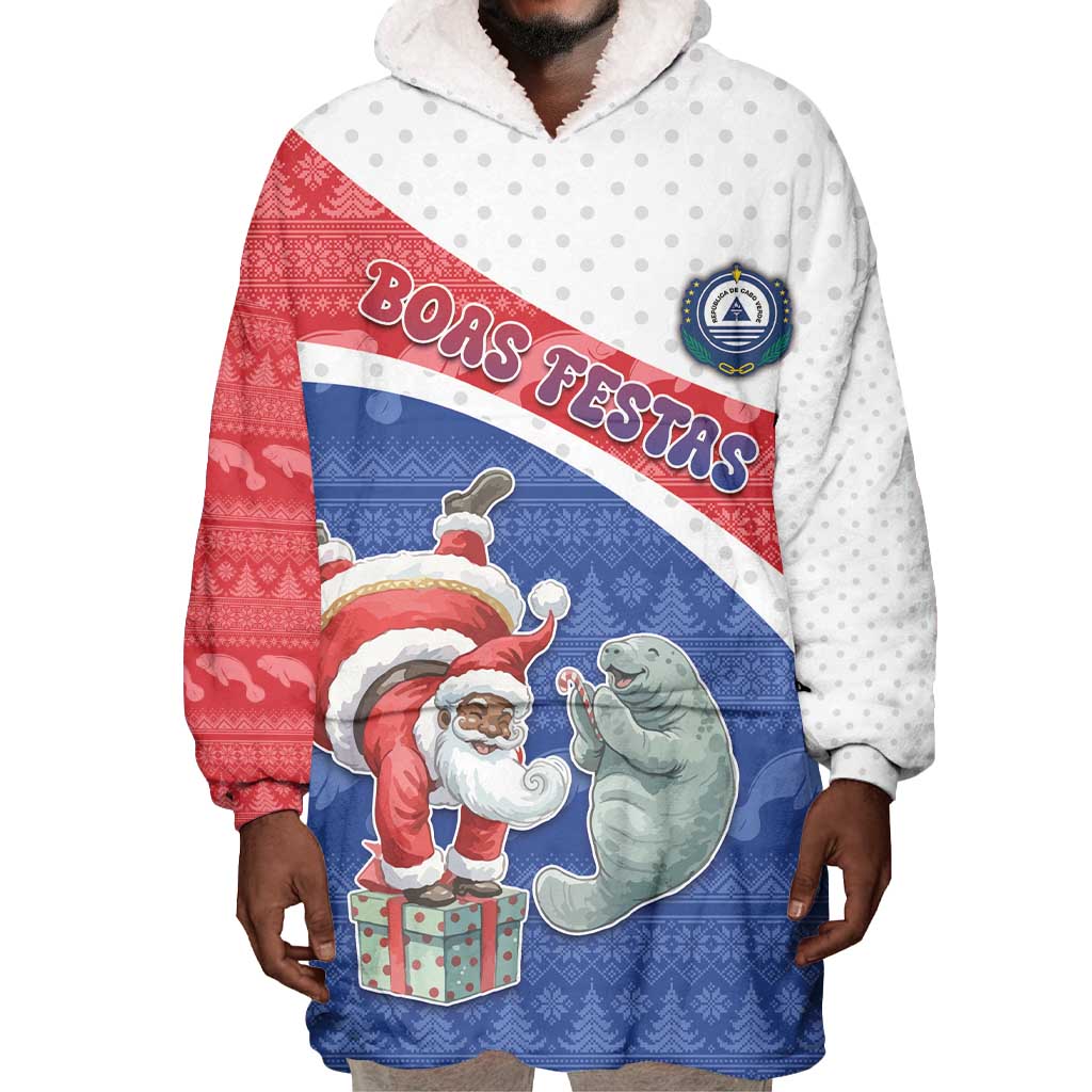 Personalized Cape Verde Christmas Wearable Blanket Hoodie Black Santa Clause With The Manatee - African Pride