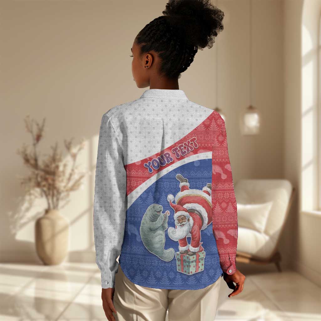 Personalized Cape Verde Christmas Women Casual Shirt Black Santa Clause With The Manatee - African Pride