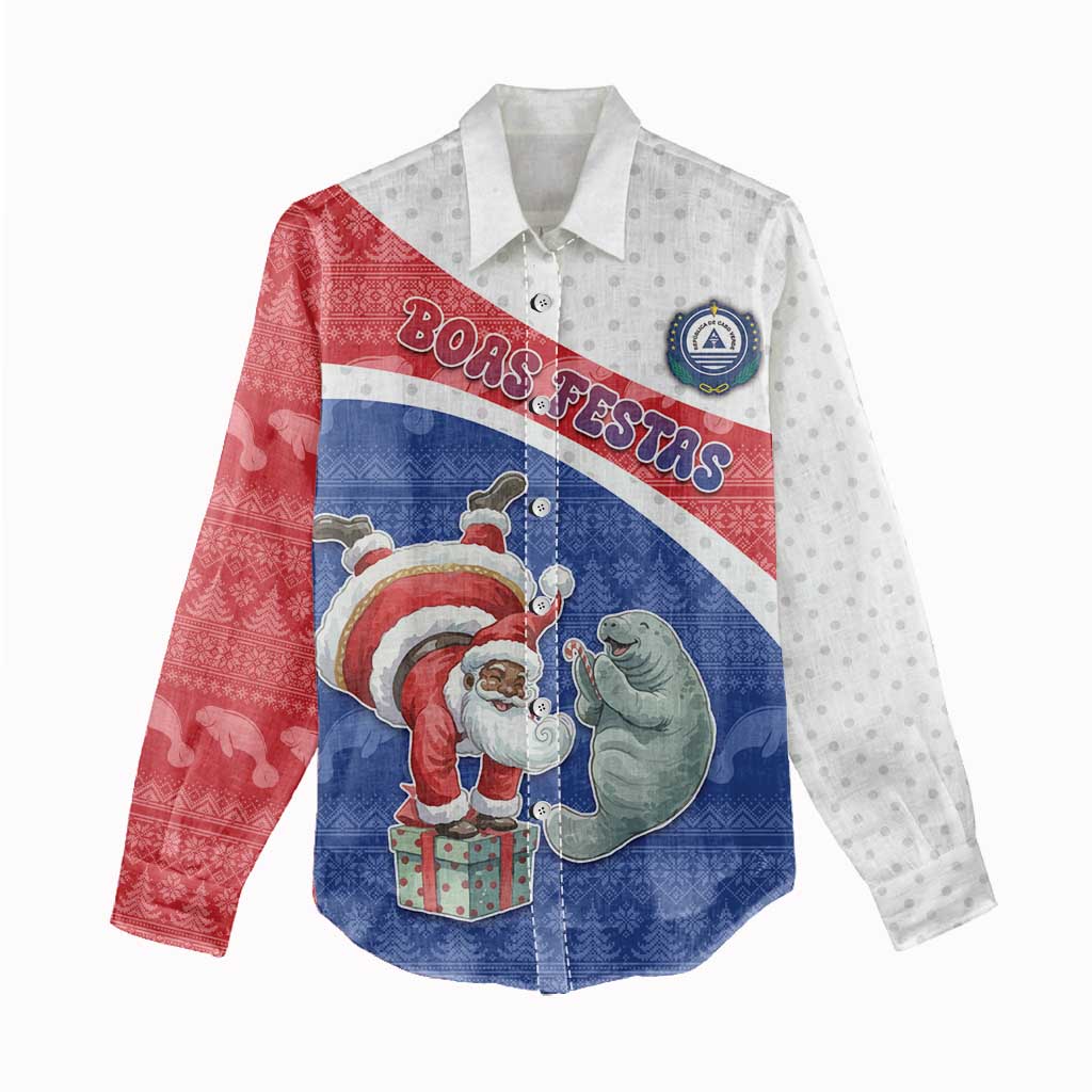 Personalized Cape Verde Christmas Women Casual Shirt Black Santa Clause With The Manatee - African Pride