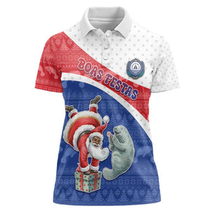 Personalized Cape Verde Christmas Women Polo Shirt Black Santa Clause With The Manatee - African Pride