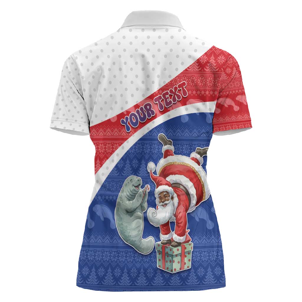 Personalized Cape Verde Christmas Women Polo Shirt Black Santa Clause With The Manatee - African Pride