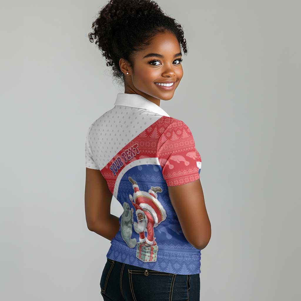 Personalized Cape Verde Christmas Women Polo Shirt Black Santa Clause With The Manatee - African Pride