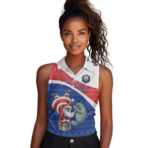 Personalized Cape Verde Christmas Women Sleeveless Polo Shirt Black Santa Clause With The Manatee - African Pride