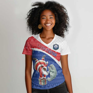 Personalized Cape Verde Christmas Women V-Neck T-Shirt Black Santa Clause With The Manatee - African Pride