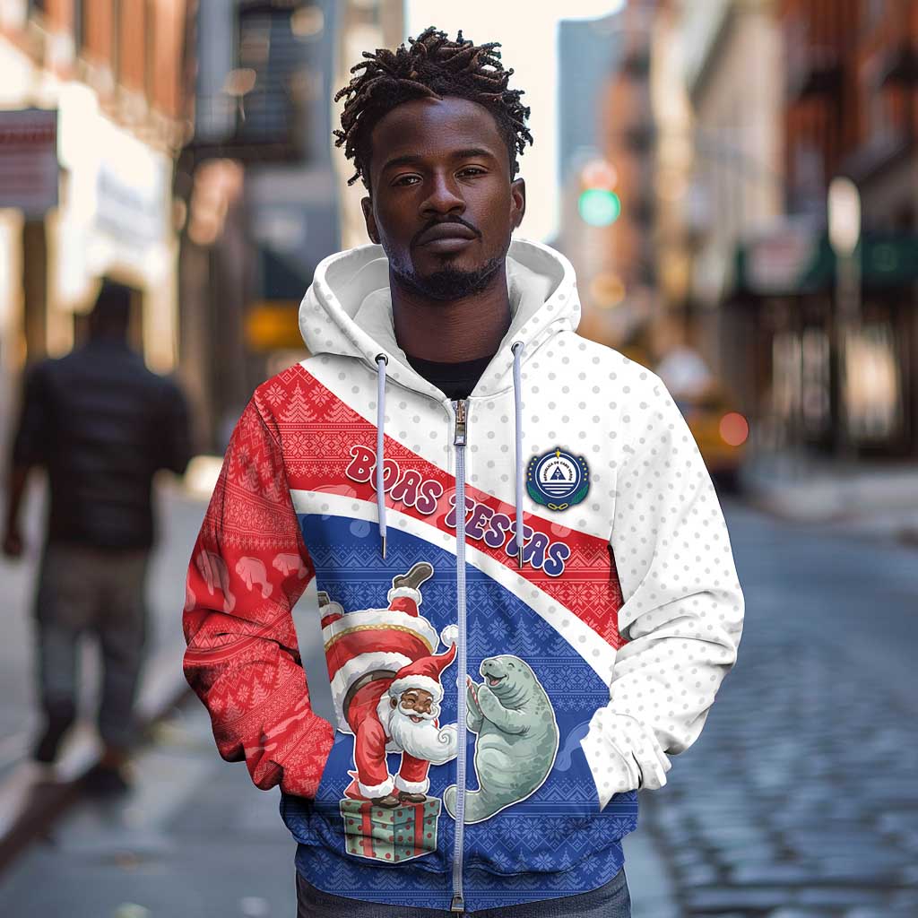 Personalized Cape Verde Christmas Zip Hoodie Black Santa Clause With The Manatee - African Pride