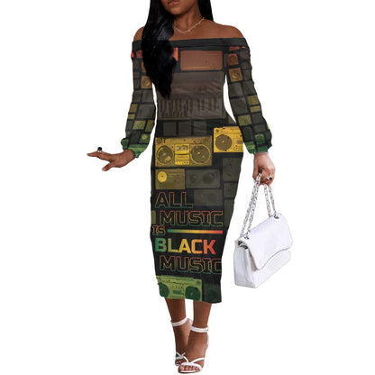Black Music Month Off The Shoulder Long Sleeve Dress All Music Is Black Music - African Pride