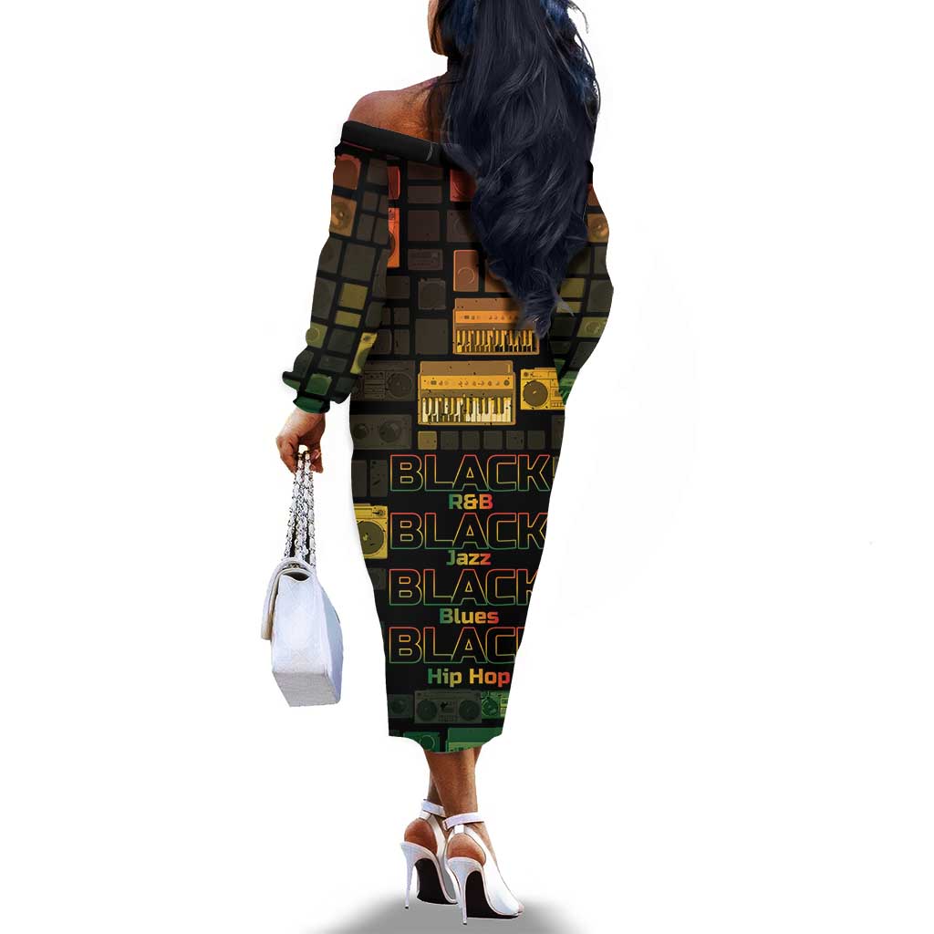 Black Music Month Off The Shoulder Long Sleeve Dress All Music Is Black Music - African Pride