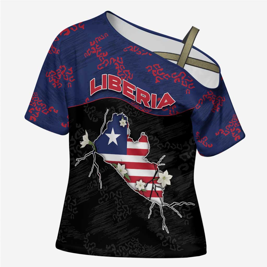 Personalized Liberia Cross Shoulder Shirt Map With Pepper Flowers Scratch Texture