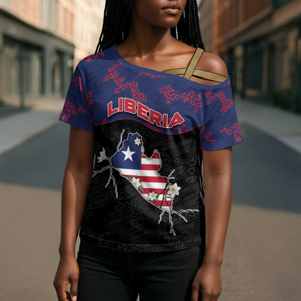 Personalized Liberia Cross Shoulder Shirt Map With Pepper Flowers Scratch Texture