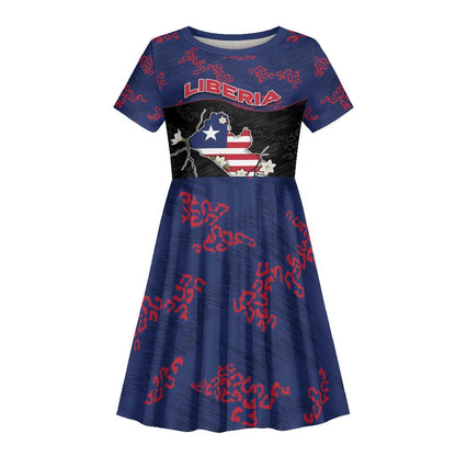 Personalized Liberia Kid Short Sleeve Dress Map With Pepper Flowers Scratch Texture