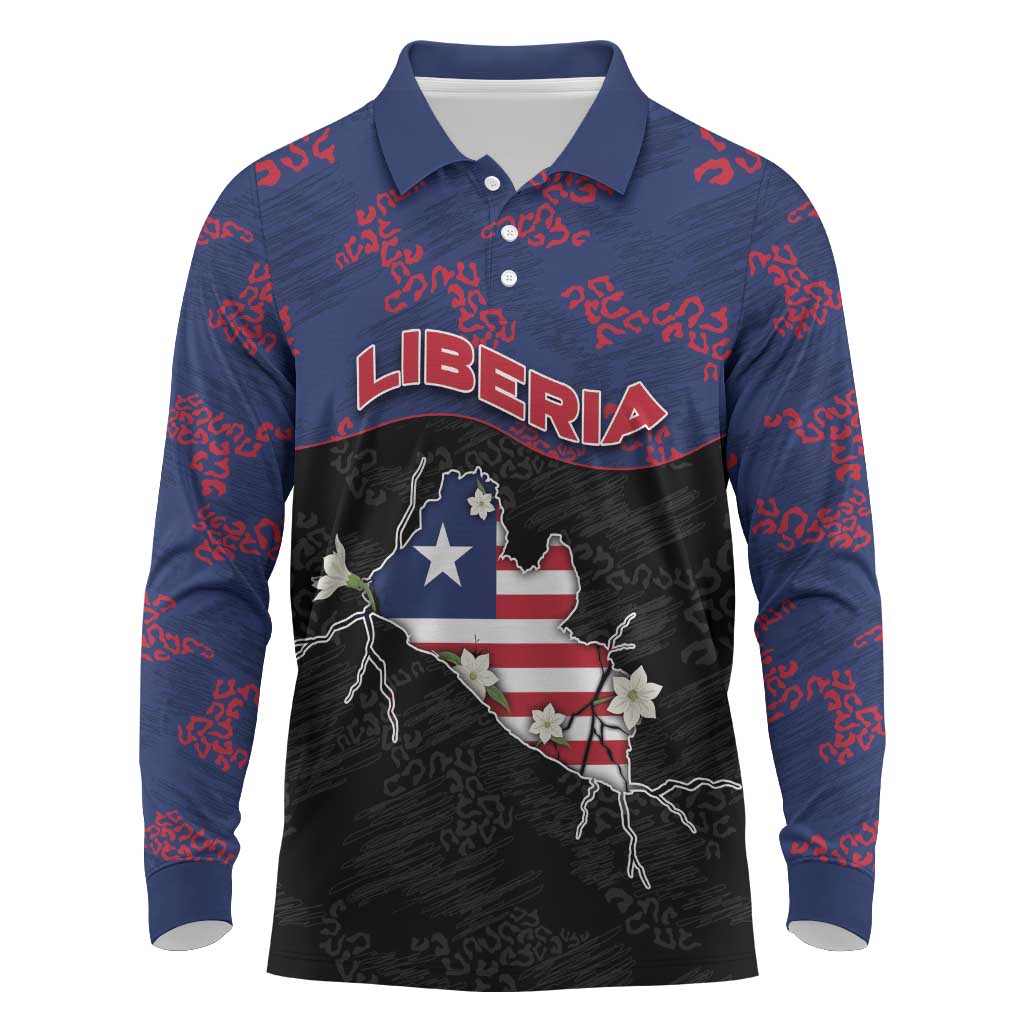 Personalized Liberia Long Sleeve Polo Shirt Map With Pepper Flowers Scratch Texture
