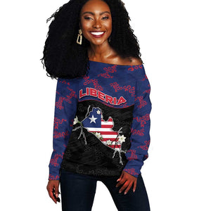Personalized Liberia Off Shoulder Sweater Map With Pepper Flowers Scratch Texture