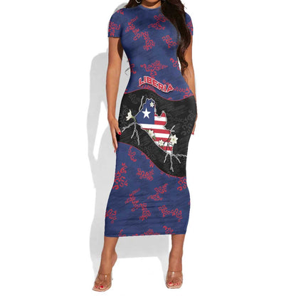 Personalized Liberia Short Sleeve Bodycon Dress Map With Pepper Flowers Scratch Texture