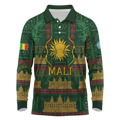 Mali Long Sleeve Polo Shirt Golden Sun And Mosque Patterns Retro Style