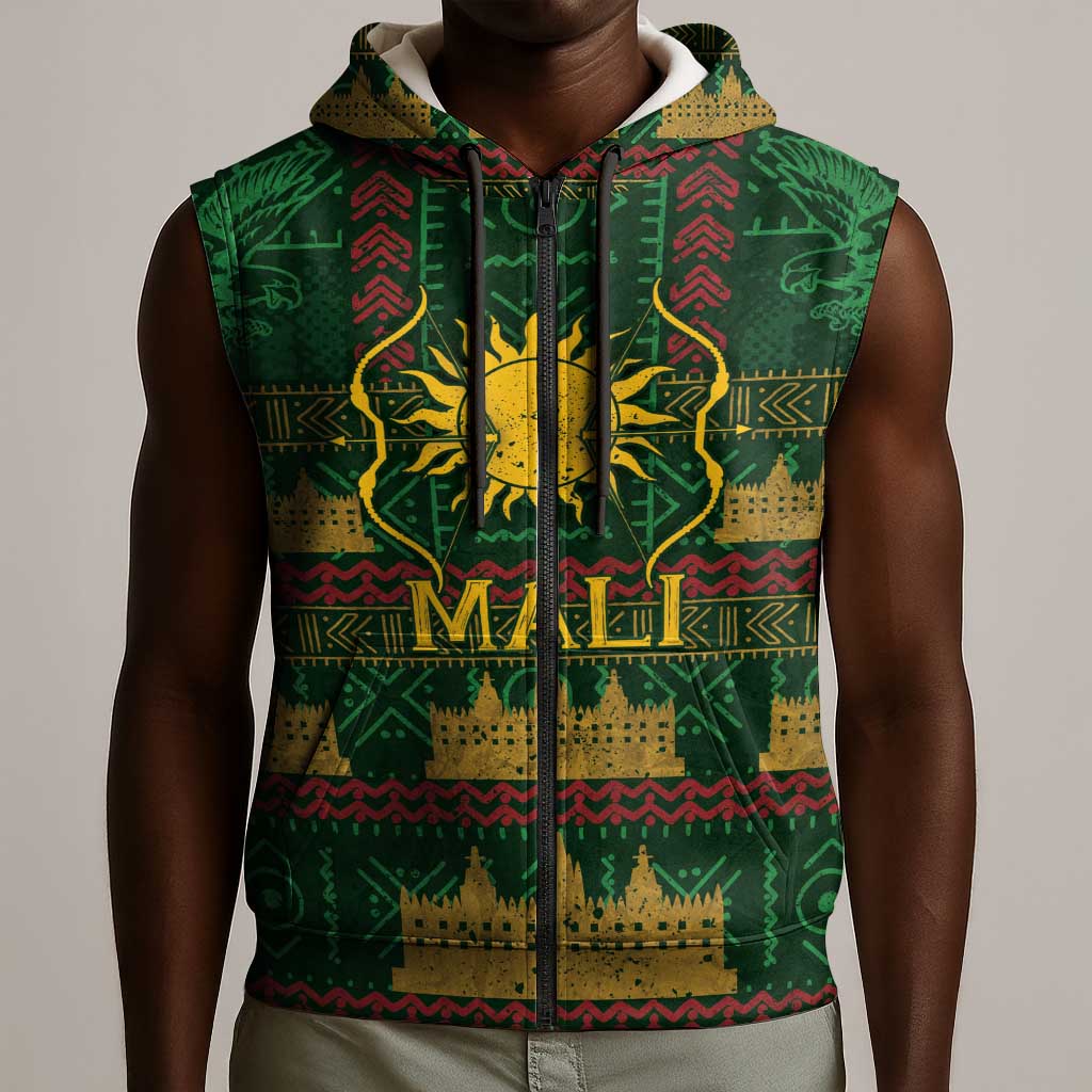 Mali Sleeveless Zip Hoodie Golden Sun And Mosque Patterns Retro Style