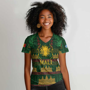 Mali Women V-Neck T-Shirt Golden Sun And Mosque Patterns Retro Style