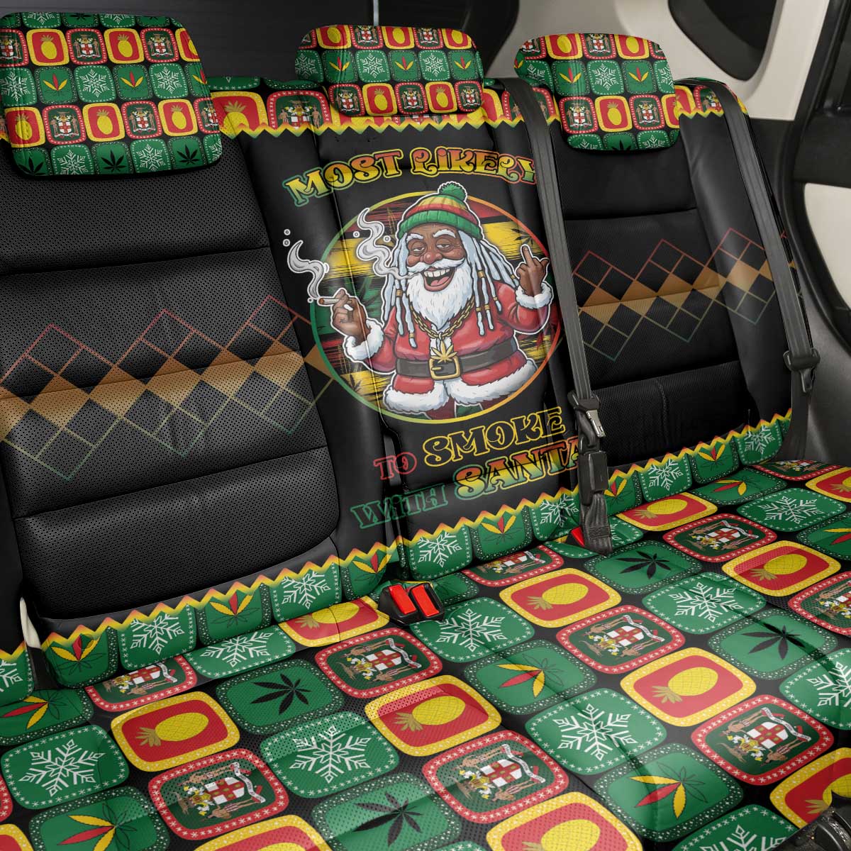 Afro-Jamaicans Christmas Back Car Seat Cover Most Likely To Smoke With Santa - African Pride