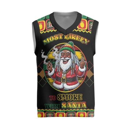 Afro-Jamaicans Christmas Knitted V-Neck Vest Most Likely To Smoke With Santa - African Pride