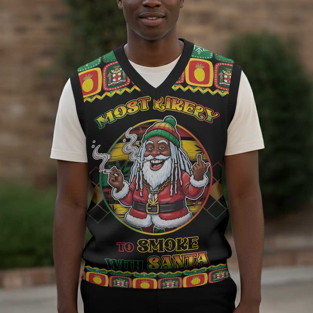 Afro-Jamaicans Christmas Knitted V-Neck Vest Most Likely To Smoke With Santa - African Pride