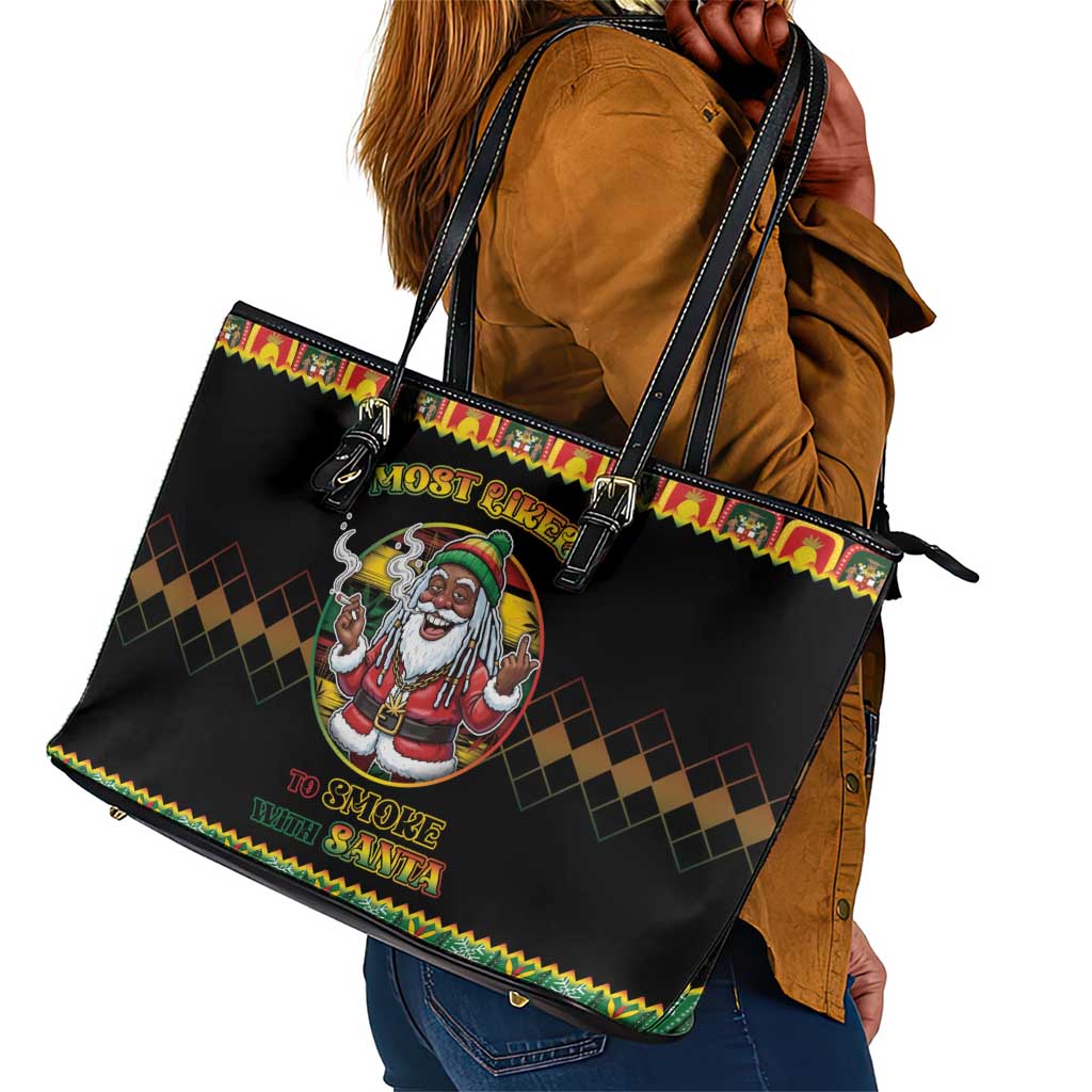 Afro-Jamaicans Christmas Leather Tote Bag Most Likely To Smoke With Santa - African Pride