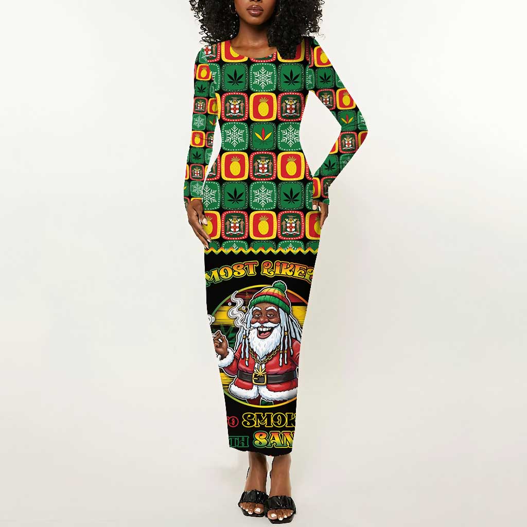 Afro-Jamaicans Christmas Long Sleeve Bodycon Dress Most Likely To Smoke With Santa - African Pride