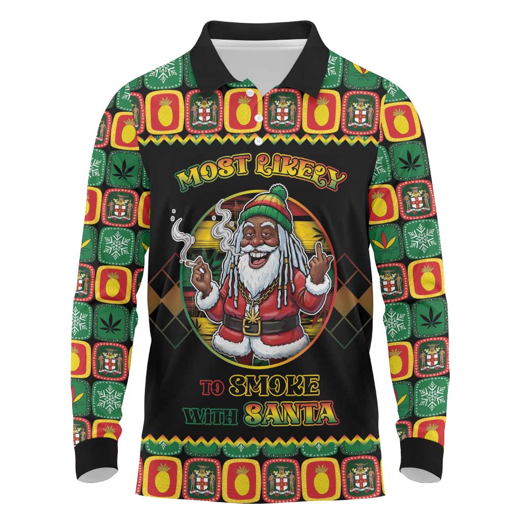 Afro-Jamaicans Christmas Long Sleeve Polo Shirt Most Likely To Smoke With Santa - African Pride