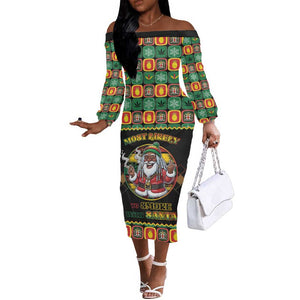 Afro-Jamaicans Christmas Off The Shoulder Long Sleeve Dress Most Likely To Smoke With Santa - African Pride