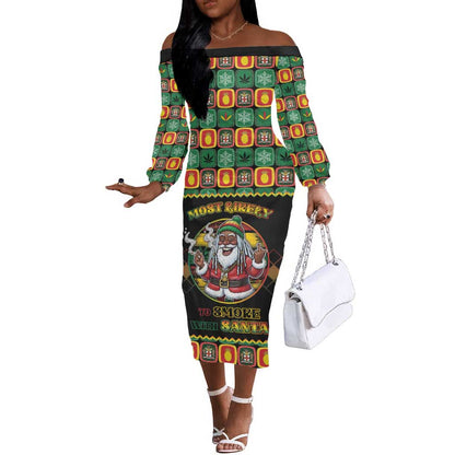 Afro-Jamaicans Christmas Off The Shoulder Long Sleeve Dress Most Likely To Smoke With Santa - African Pride