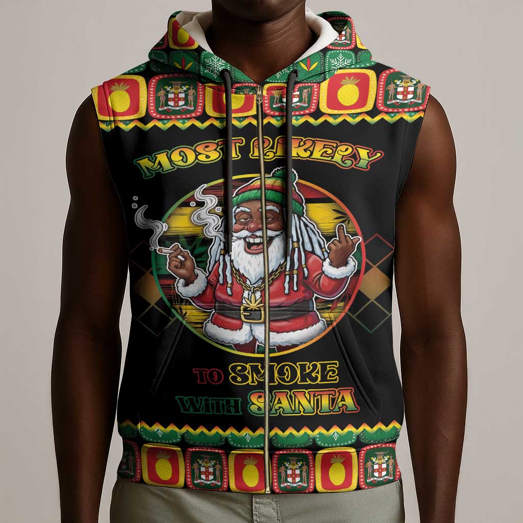 Afro-Jamaicans Christmas Sleeveless Zip Hoodie Most Likely To Smoke With Santa - African Pride