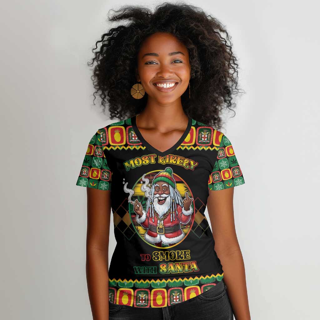 Afro-Jamaicans Christmas Women V-Neck T-Shirt Most Likely To Smoke With Santa - African Pride