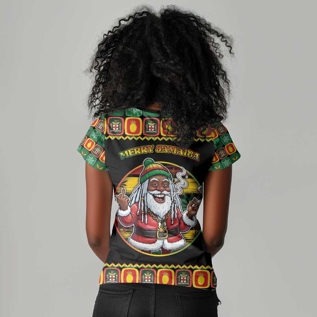 Afro-Jamaicans Christmas Women V-Neck T-Shirt Most Likely To Smoke With Santa - African Pride
