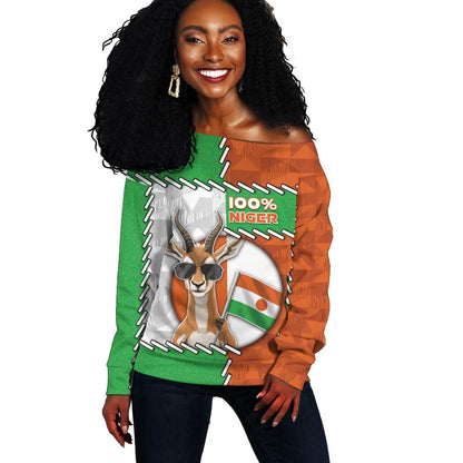 Personalized Niger Off Shoulder Sweater Dama Gazelle Waving Flag Funny Style