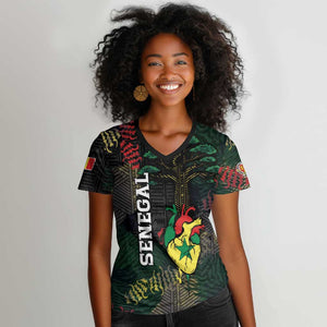Personalized Senegal Women V-Neck T-Shirt Heart Baobab Art Grunge Style