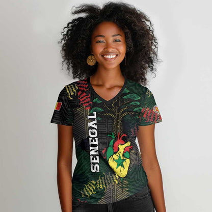 Personalized Senegal Women V-Neck T-Shirt Heart Baobab Art Grunge Style