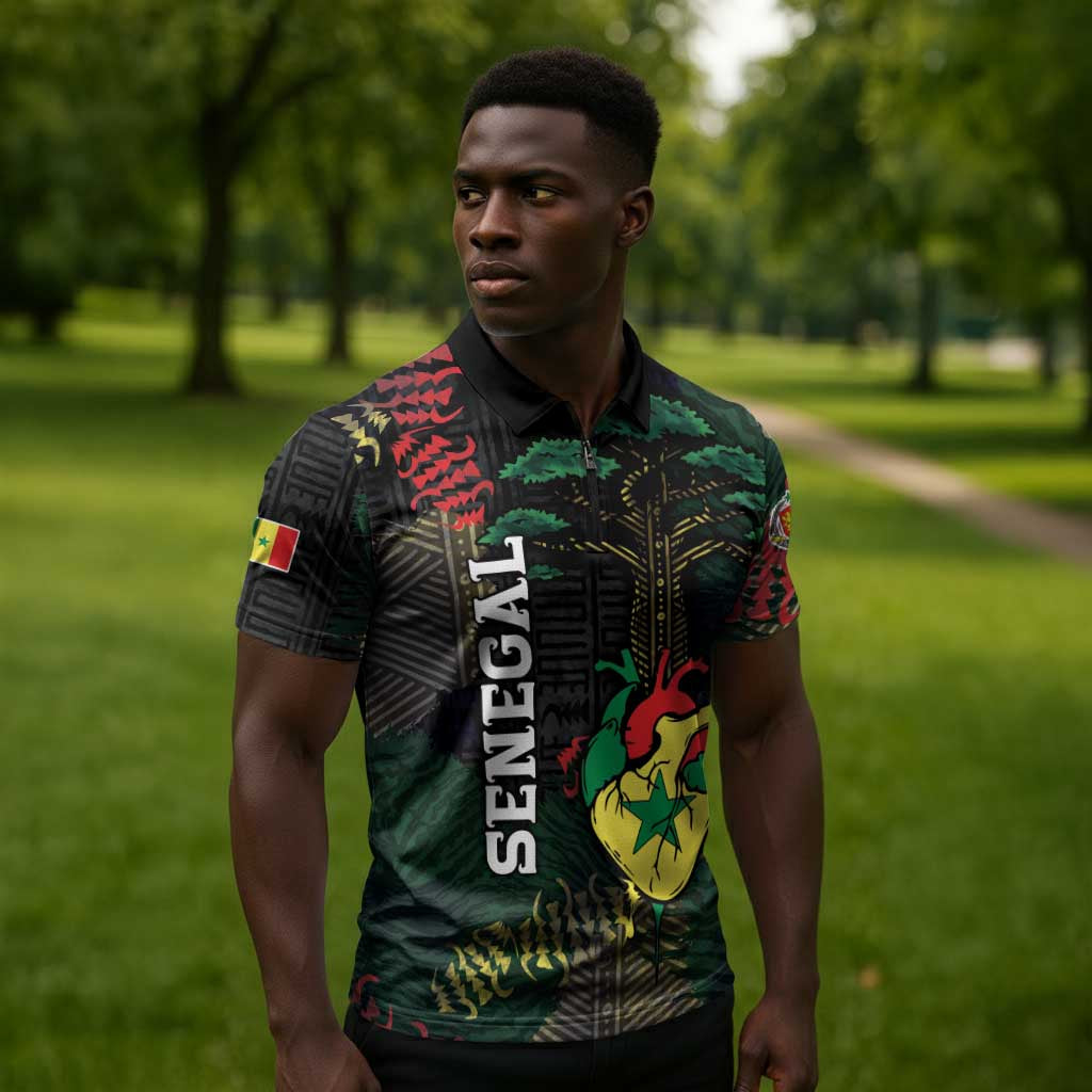 Personalized Senegal Zipper Polo Shirt Heart Baobab Art Grunge Style