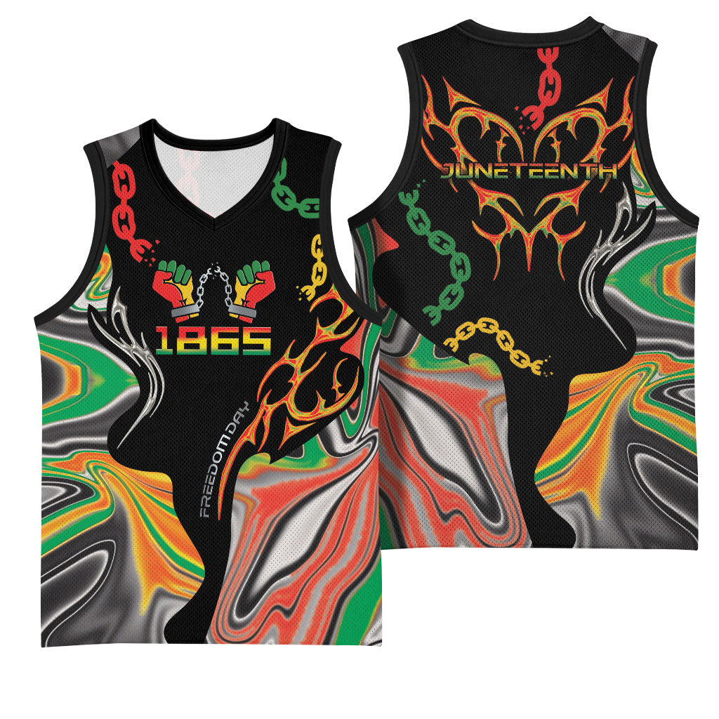 African Juneteenth Freedom Day 1865 Basketball Jersey Colors Liquid Marble With Broken Chains