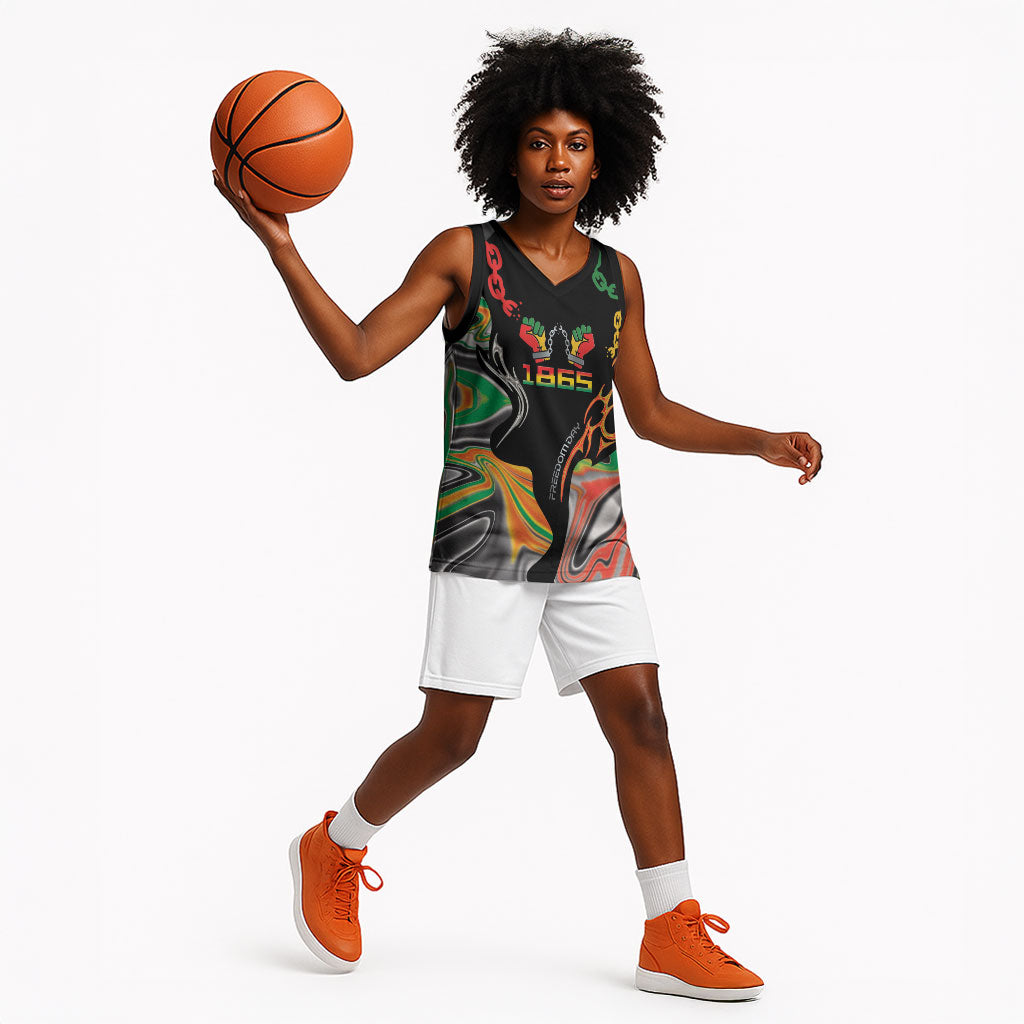 African Juneteenth Freedom Day 1865 Basketball Jersey Colors Liquid Marble With Broken Chains